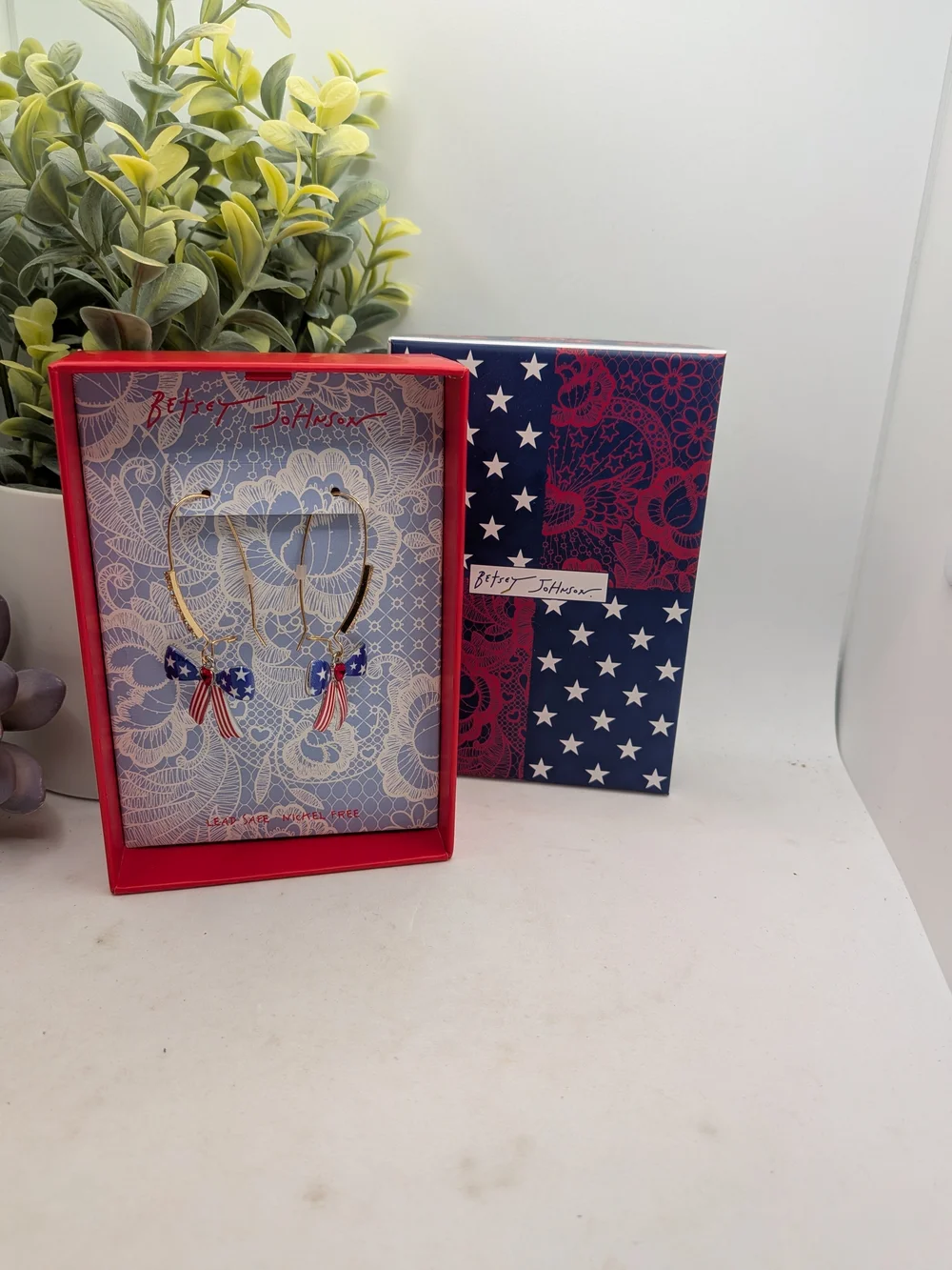 Betsey Johnson Red, White & Blue Star Ribbon Hoop Earrings